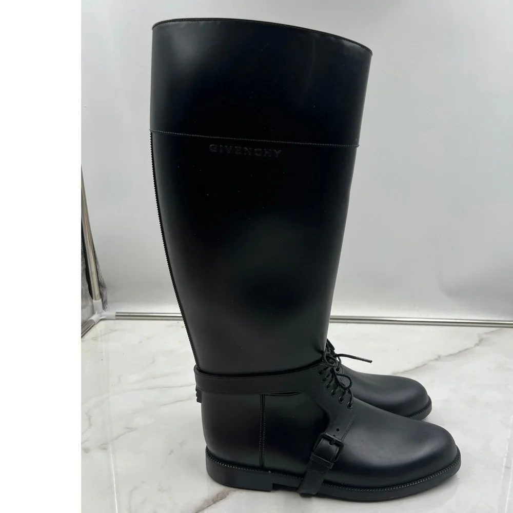 GIVENCHY Rain Boots Womens Sz 10 Tall Black Rubber Wellies Made in Italy Lace Up